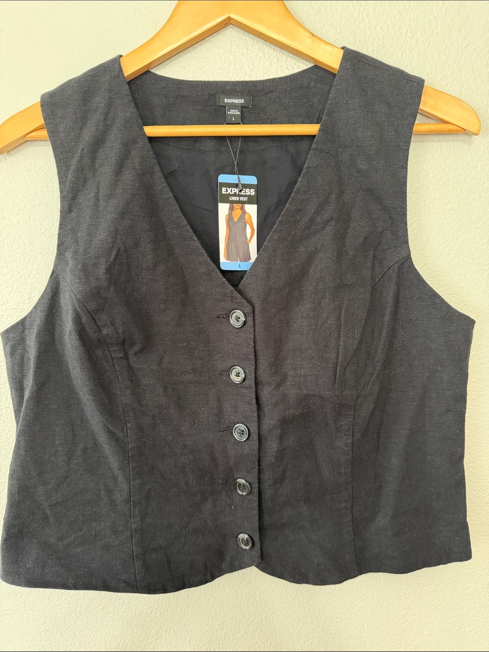 Express Black Linen V-Neck Button Front Women's Vest Large
